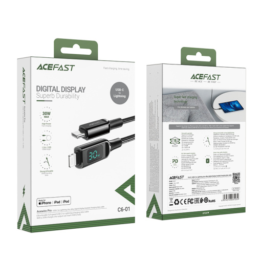 Acefast laadija juhe USB-C to iPhone lightning 30W LED ekraan 1,2m (C6-01) - Image 4